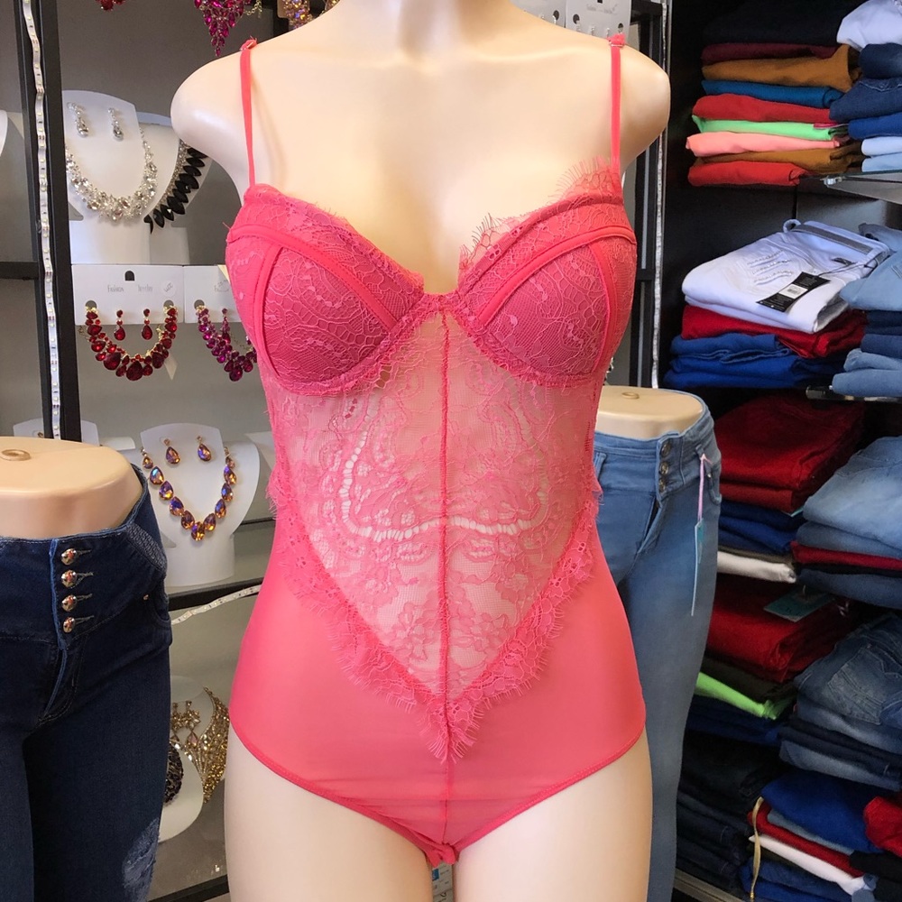 Pink Coral Bodysuit Lingerie Lace Padded